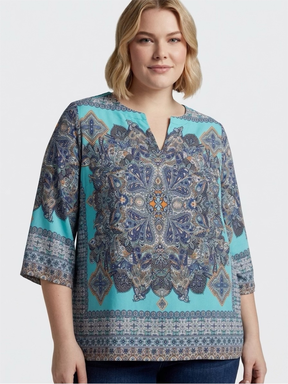Violet & Claire Boho Paisley Mandala Tunic Top 2X Blouse Aqua Blue 3/4 Sleeves